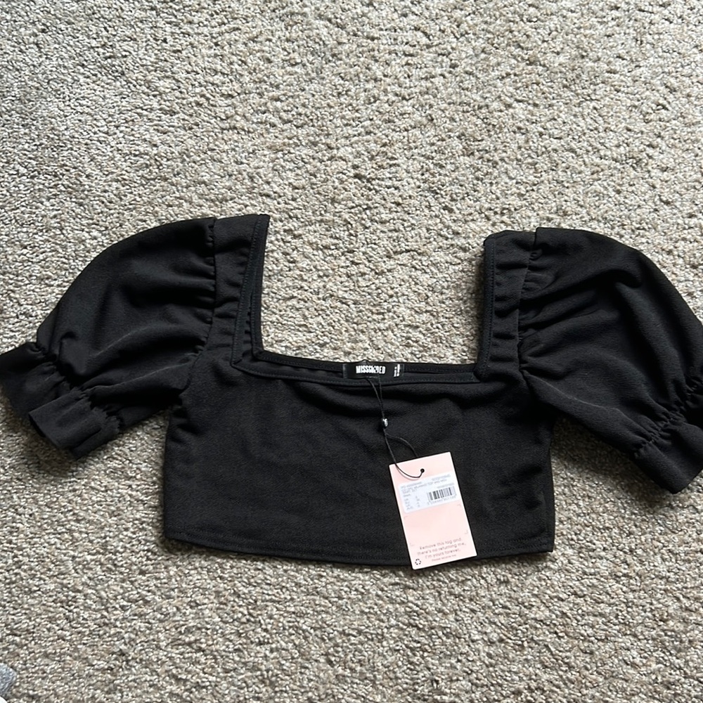 Square Neck Puff Sleeve Crop Top - Black